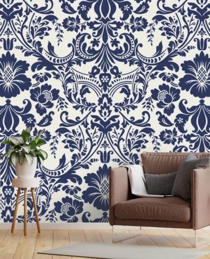 Papier Peint Fresque Damassé Bleu