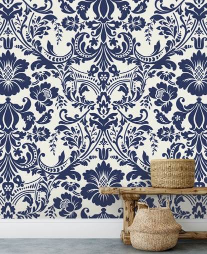 Papier Peint Fresque Damassé Bleu