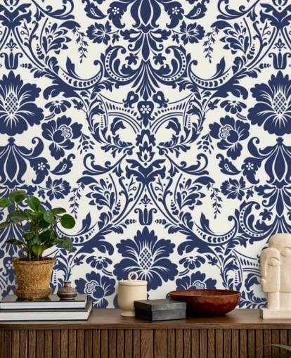 Blue Damask Pattern Mural