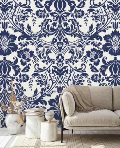 Papier Peint Fresque Damassé Bleu