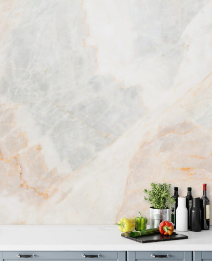 mural de papel pintado de mármol blanco llamado Soft Tones para dormitorios, baños y cocinas