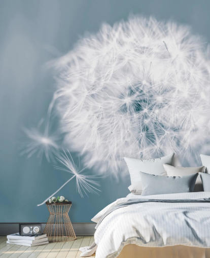 carta da parati murale con tarassaco grigio chiamato Dandelion Clock per camere da letto, uffici e bagni