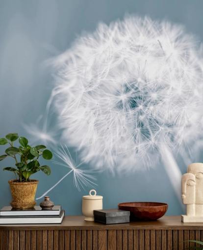 mural de papel pintado de diente de león gris llamado Dandelion Clock para dormitorios, oficinas y baños
