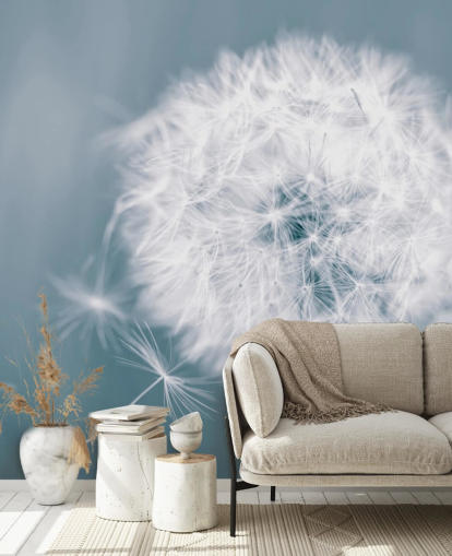 mural de papel de parede de dente-de-leão cinza chamado Dandelion Clock para quartos, escritórios e banheiros