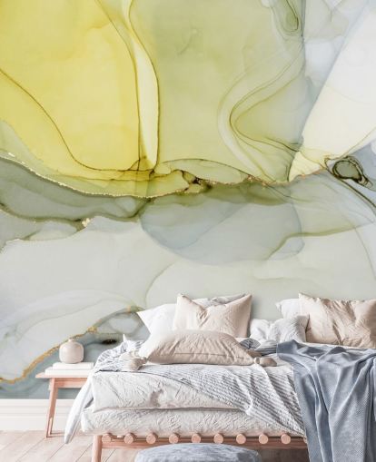 mural de papel pintado de acuarela personalizado amarillo y gris llamado Acuarela gris y mostaza para cocinas o baños