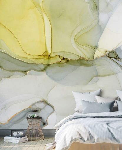 mural de papel pintado de acuarela personalizado amarillo y gris llamado Acuarela gris y mostaza para cocinas o baños