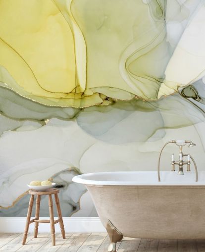 mural de papel de parede em aquarela personalizado amarelo e cinza chamado Aquarela de cinza e mostarda para cozinhas ou banheiros