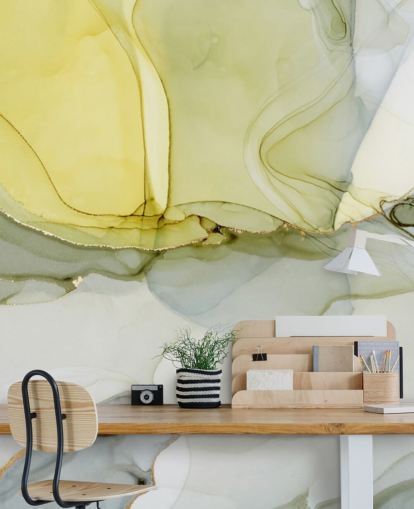 gele en grijze aquarelbehangmuurschildering op maat genaamd Grey and Mustard Watercolour voor keukens of badkamers