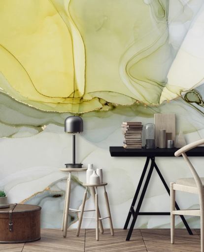 gele en grijze aquarelbehangmuurschildering op maat genaamd Grey and Mustard Watercolour voor keukens of badkamers