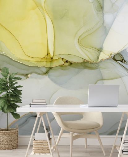 mural de papel pintado de acuarela personalizado amarillo y gris llamado Acuarela gris y mostaza para cocinas o baños