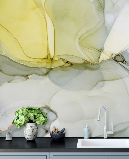 yellow and gray custom watercolor wallpaper mural called Gray and Mustard Watercolor for kitchens or bathrooms