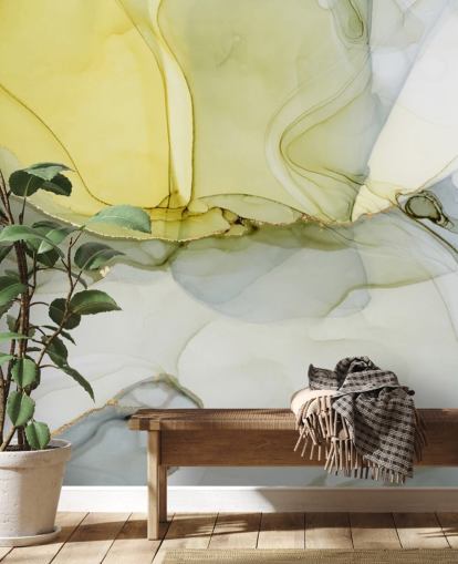 mural de papel pintado de acuarela personalizado amarillo y gris llamado Acuarela gris y mostaza para cocinas o baños