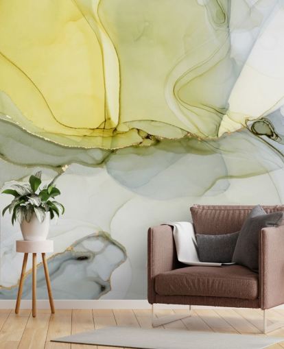 mural de papel pintado de acuarela personalizado amarillo y gris llamado Acuarela gris y mostaza para cocinas o baños
