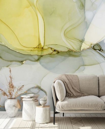 gele en grijze aquarelbehangmuurschildering op maat genaamd Grey and Mustard Watercolour voor keukens of badkamers