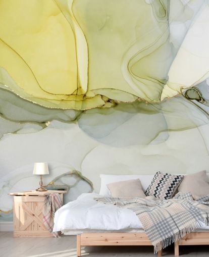 mural de papel de parede em aquarela personalizado amarelo e cinza chamado Aquarela de cinza e mostarda para cozinhas ou banheiros