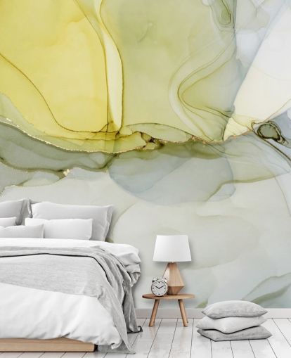 mural de papel pintado de acuarela personalizado amarillo y gris llamado Acuarela gris y mostaza para cocinas o baños