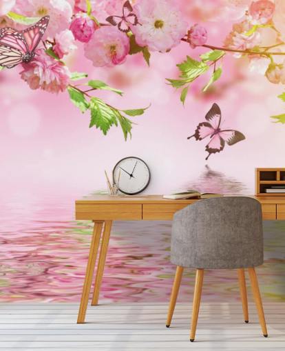 Sakura met vlinders muurschildering