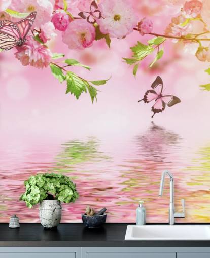 Sakura com borboletas Mural
