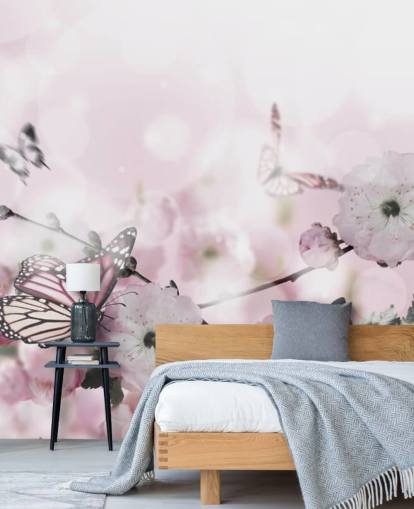 Blommor bakgrund med fantastiska våren sakura med fjärilar. Blommor av körsbär. Blommor bakgrund med fantastiska våren sakura med fjärilar. Blommor av körsbär.