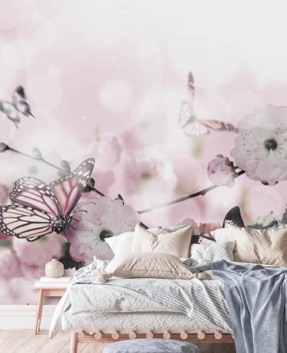 Sfondo di fiori con incredibile sakura primaverile con farfalle. Fiori di ciliegie.