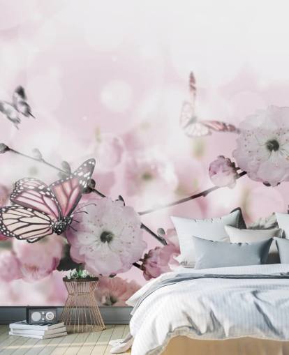 Blomster baggrund med fantastiske forår sakura med sommerfugle. Blomster af kirsebær. Blomster baggrund med fantastiske forår sakura med sommerfugle. Blomster af kirsebær.