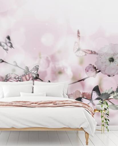 Fondo de flores con increíble sakura de primavera con mariposas. Flores de cerezas.
