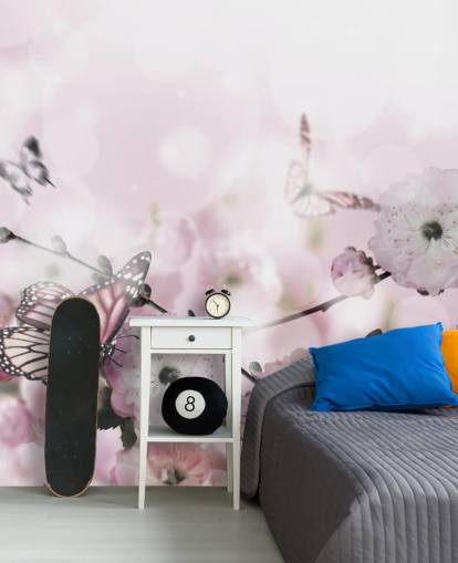 Bloemen achtergrond met geweldige lente-sakura met vlinders. Bloemen van kersen.