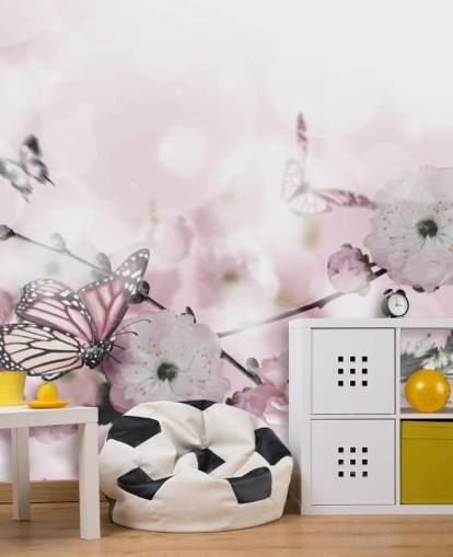 Flowers background with amazing spring sakura with butterflies. Flowers of cherries.