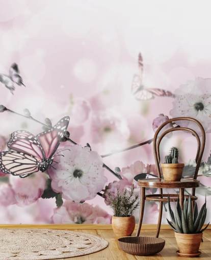 Bloemen achtergrond met geweldige lente-sakura met vlinders. Bloemen van kersen.