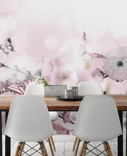 Sfondo di fiori con incredibile sakura primaverile con farfalle. Fiori di ciliegie.