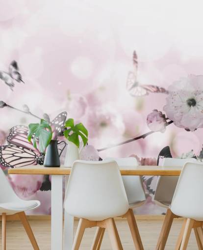 Flowers background with amazing spring sakura with butterflies. Flowers of cherries.