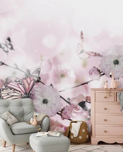 Blomster bakgrunn med fantastisk våren sakura med sommerfugler. Blomster av kirsebær.