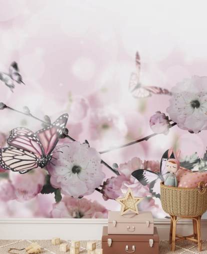 Blomster baggrund med fantastiske forår sakura med sommerfugle. Blomster af kirsebær.