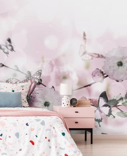 Blomster baggrund med fantastiske forår sakura med sommerfugle. Blomster af kirsebær. Blomster baggrund med fantastiske forår sakura med sommerfugle. Blomster af kirsebær.