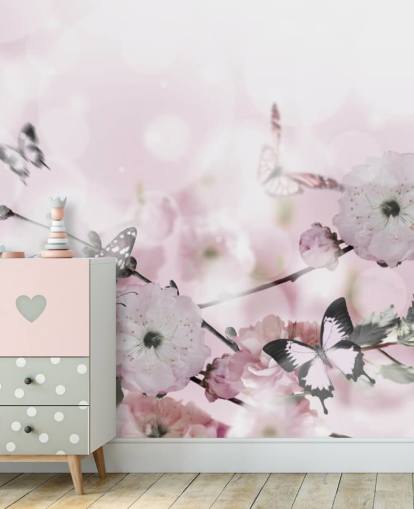 Kukat tausta hämmästyttävä kevät sakura perhosia. Kirsikoiden kukat.