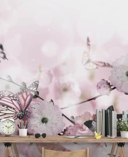 Fond de fleurs avec un incroyable sakura printanier avec des papillons. Fleurs de cerises.