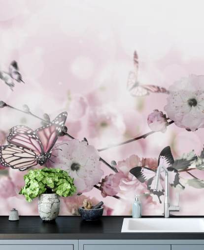 Fondo de flores con increíble sakura de primavera con mariposas. Flores de cerezas.