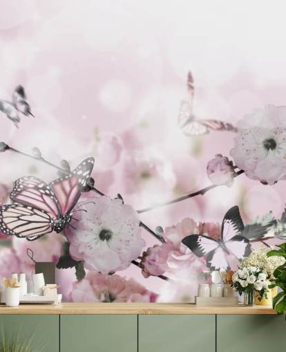 Flowers background with amazing spring sakura with butterflies. Flowers of cherries.