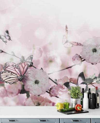 Flowers background with amazing spring sakura with butterflies. Flowers of cherries.