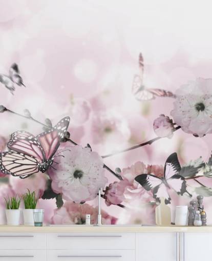 Blomster baggrund med fantastiske forår sakura med sommerfugle. Blomster af kirsebær.