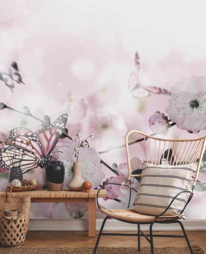 Blomster bakgrunn med fantastisk våren sakura med sommerfugler. Blomster av kirsebær.