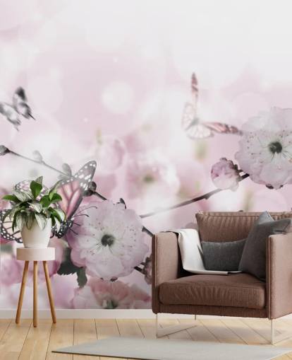 Flowers background with amazing spring sakura with butterflies. Flowers of cherries.