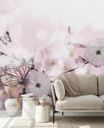 Blomster bakgrunn med fantastisk våren sakura med sommerfugler. Blomster av kirsebær.