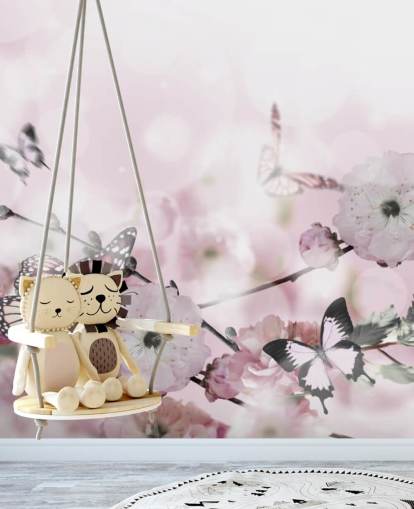 Sfondo di fiori con incredibile sakura primaverile con farfalle. Fiori di ciliegie.