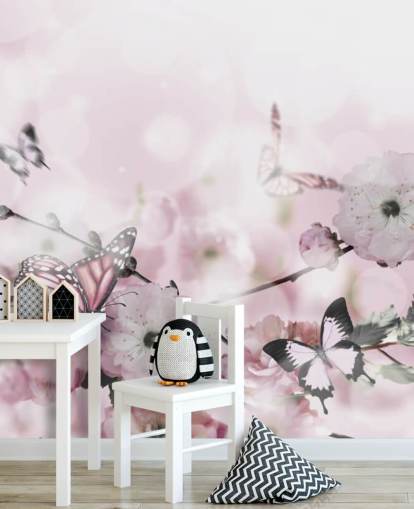 Blumen Hintergrund mit erstaunlicher Frühlings-Sakura mit Schmetterlingen. Blumen von Kirschen.