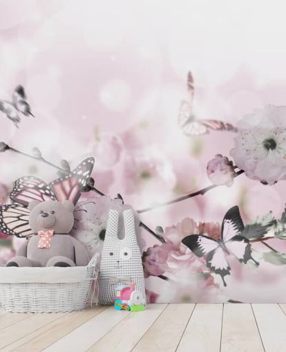 Flowers background with amazing spring sakura with butterflies. Flowers of cherries.