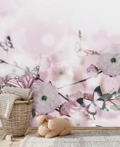 Blomster bakgrunn med fantastisk våren sakura med sommerfugler. Blomster av kirsebær. Blomster bakgrunn med fantastisk våren sakura med sommerfugler. Blomster av kirsebær.