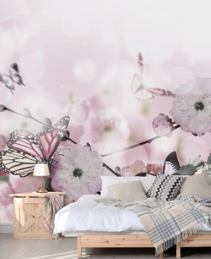 Blomster baggrund med fantastiske forår sakura med sommerfugle. Blomster af kirsebær.