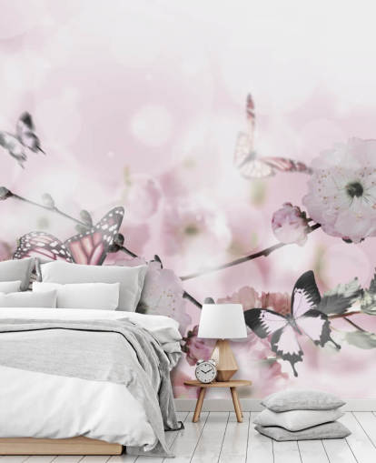Flowers background with amazing spring sakura with butterflies. Flowers of cherries.