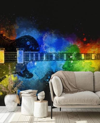 colourful paint around guitar wallpaper